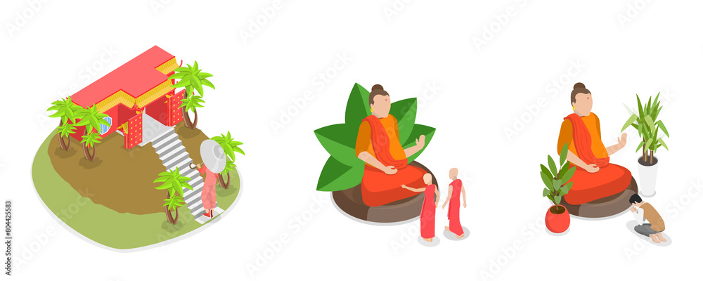 3D Isometric Flat  Illustration of Buddhist Pilgrimage, Meditating and Chanting