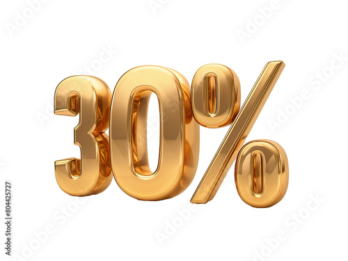 3D golden number "30%" with text effect, on a plain White background PNG
