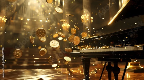 Gold Coins Raining Down on a Grand Piano A Symphony of Wealth and Music in a Concert Hall Generative ai Generative ai photo