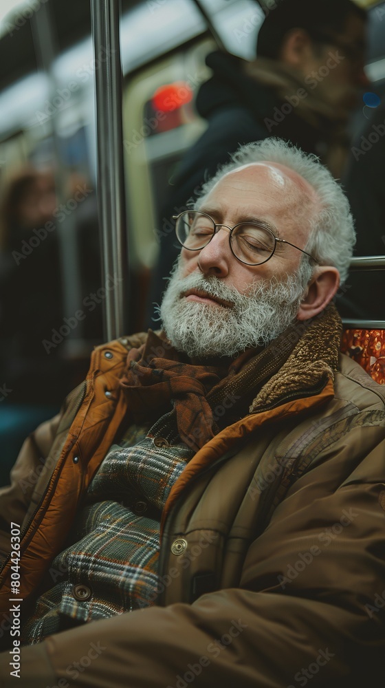 A middle-aged man sleeping in a seat in a subway car A middle-aged man sleeping in a seat in a subway car