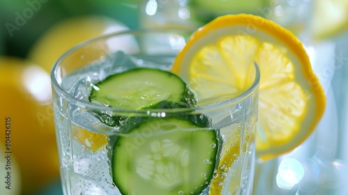 Glasses filled with sparkling water and garnished with slices of lemon or cucumber.