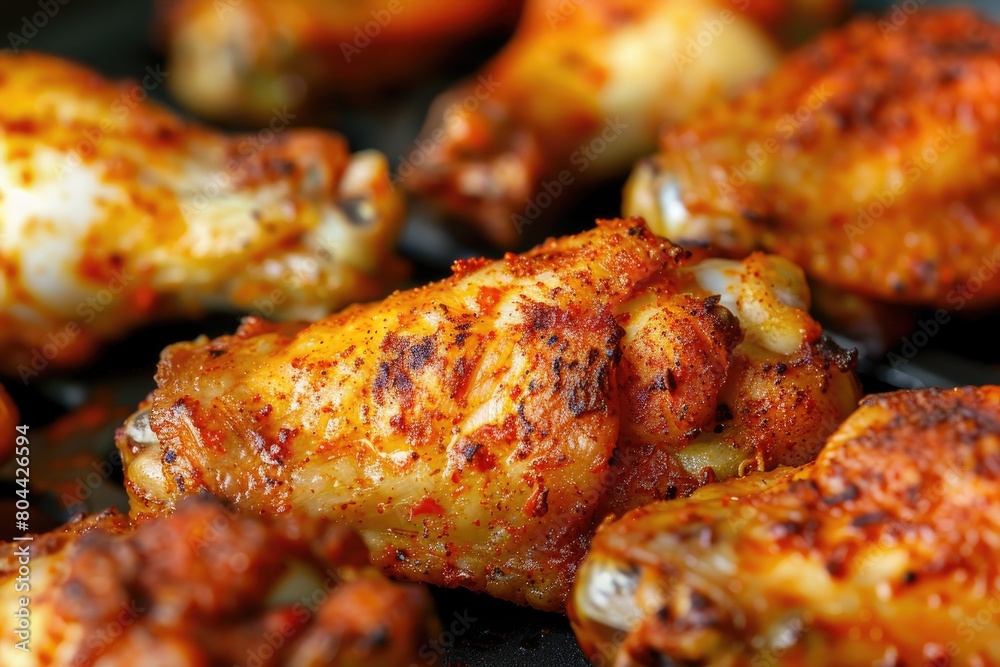 Close-up of succulent grilled chicken wings with crispy skin and flavorful spices, cooked on a barbecue grill. Close-up of succulent grilled chicken wings with crispy skin and flavorful spices, cooked on a barbecue grill.