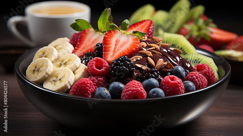 Delicious Healthy Açai Bowl With Fruits On Isolated Blurry Background photo