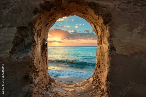 Seascape in the hole of the wall. Oval window from which you can see the sea  the beach  the sand