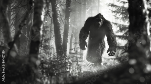 Black and white detailed photo realistic bigfoot sasquatch walking in the deep forest woods