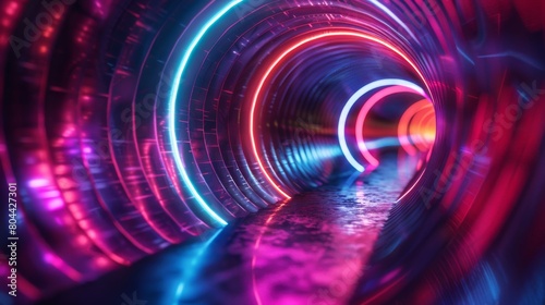 Abstract background with futuristic light and colorful glowing lines in dark blue, purple, and red colors, in the style of a futuristic digital technology design, closeup of a curved spiral tunnel © DarkinStudio