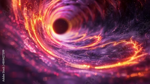 Abstract background with futuristic light and colorful glowing lines in dark purple, yellow, and red colors, in the style of a futuristic digital technology design, closeup of a curved spiral tunnel