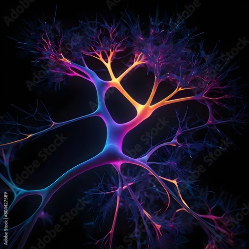 neon theme neuron cell.Experience the vivid connection of neon-themed neuron cells in this striking stock photo. Ideal for science, medical, or technology-related projects 