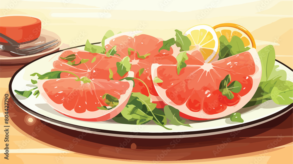 Plate with tasty grapefruit salad on table closeup