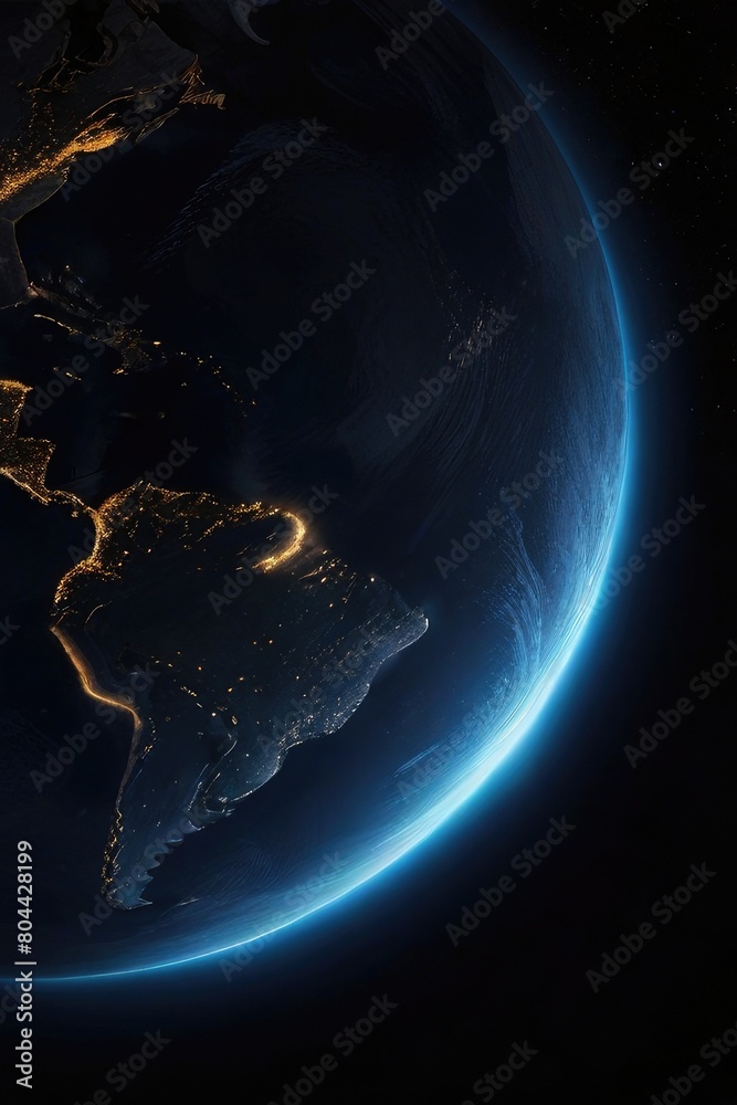Planet Earth at night in outer space. Surface of the Earth. Sunrise view of the planet Earth from space with the sun setting over the horizon