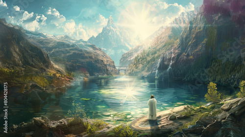 A narrative freeze-frame showing Christ as the Logos, a bridge between heaven and earth, His figure casting a divine reflection over the nascent world.