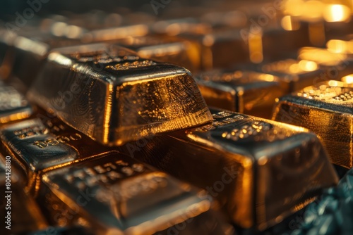 wealth luxury background with close-up view of fine excellent golden bars photo