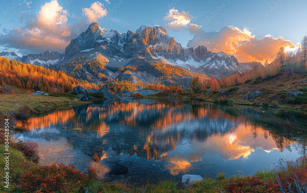 A breathtaking panoramic view of the sunrise over an alpine lake, surrounded by towering peaks and vibrant autumn foliage. created with Ai