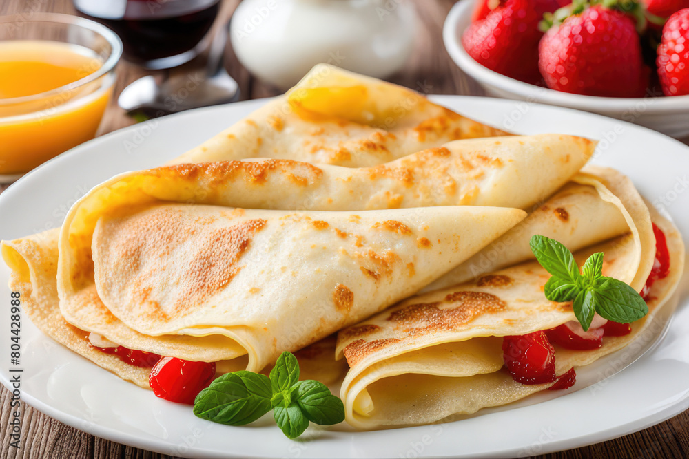 close up of two french style crepes, shallow dof. Some ingredients in the background close up of two french style crepes, shallow dof. Some ingredients in the background