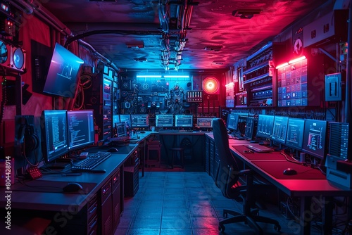 An underground bunker turned tech hub  diverse programmers working on a critical AI development project  ambient blue lighting 