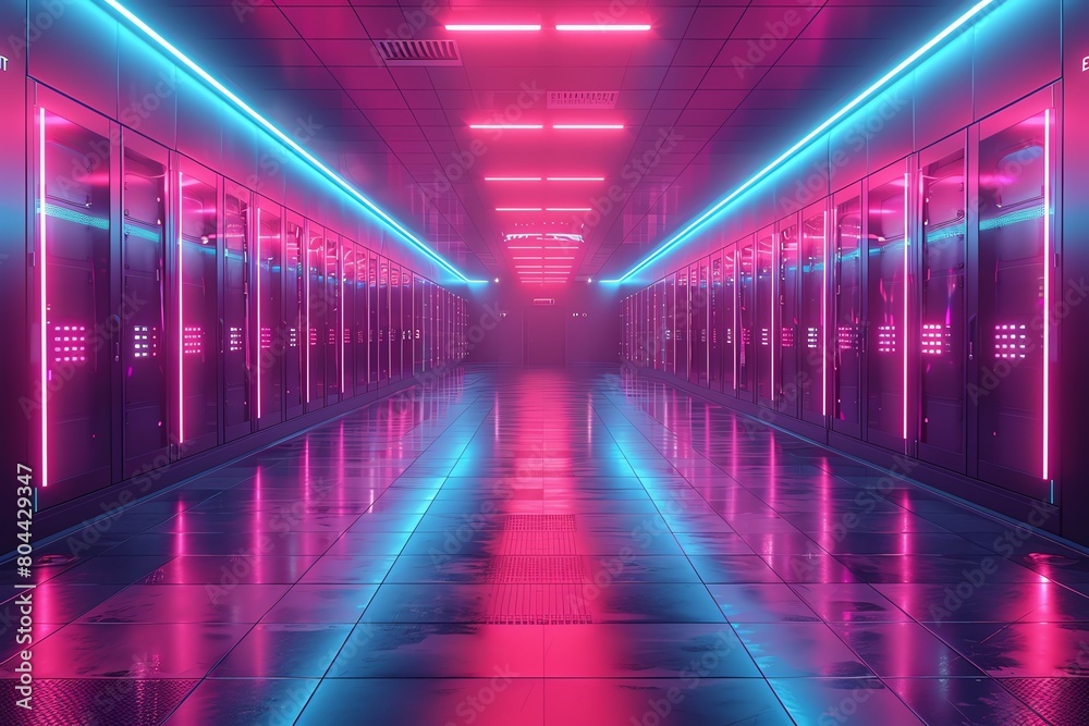Futuristic cloud data center with rows of servers under a neon-lit ceiling, reflecting the concept of big data and cloud storage