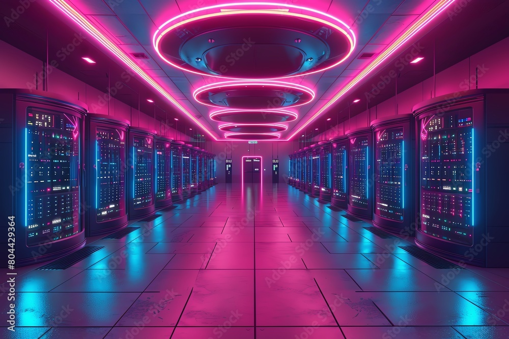 Futuristic cloud data center with rows of servers under a neon-lit ceiling, reflecting the concept of big data and cloud storage