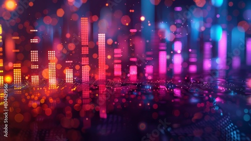 Colorful data chart background with blurred equalizer bars and bokeh lights. Abstract digital graphic design for presentation, banner or poster. Concept of music festival, partying in night club