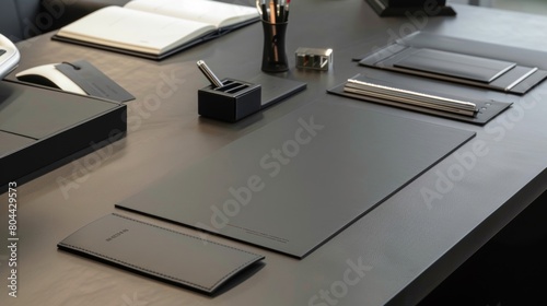 A sleek and minimalist desk set complete with customized letterhead business cards and an engraved nameplate perfect for displaying ones professional image.