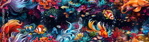 Capture a mesmerizing high-angle view of vibrant underwater creatures intertwined with colorful street art murals, blending nature and urban culture in a harmonious display