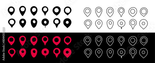 Hand drawn location pin icon. Doodle map pin place marker. Location icon. Cartoon map marker pointer icon set. GPS location symbol collection.