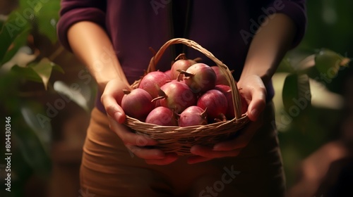 Woman's hands holding a basket of mangosteen fruit photo