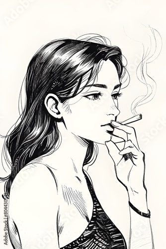 Woman in relaxed pose, smoker sketch engraving artificial intelligence fictional character raster generated illustration. Imitation scraper. black and white image