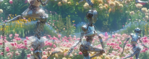 Capture the elegance of robotic ballerinas gracefully pirouetting amidst vibrant strokes of pastel colors in a dreamy