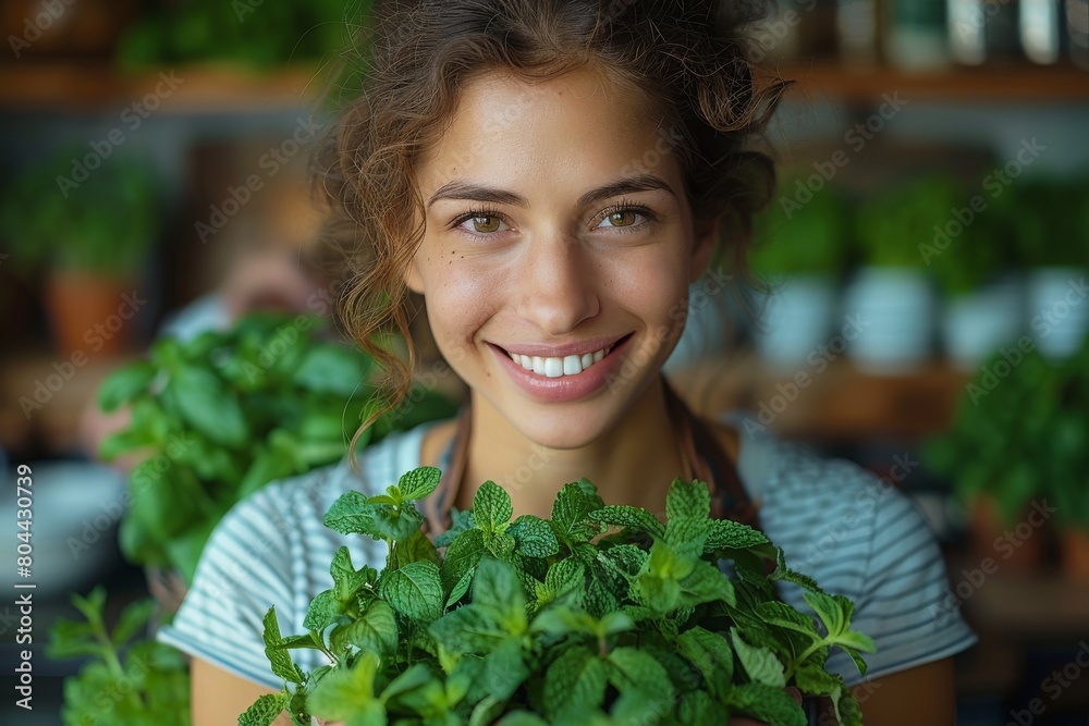 A smiling young woman enjoys holding a large bunch of fresh mint leaves at a local organic market A smiling young woman enjoys holding a large bunch of fresh mint leaves at a local organic market