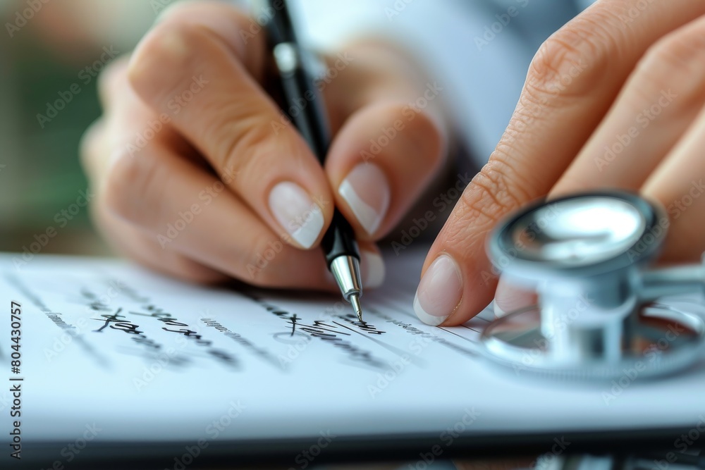 An image of a doctor's hand with a pen filling out a medical form, possibly a prescription An image of a doctor's hand with a pen filling out a medical form, possibly a prescription