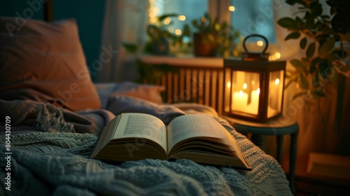 Bedroom and an open book illuminated by the warm light of a lit candle