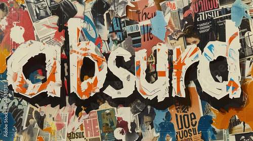 Abstract typography collage with vintage newspaper backgrounds featuring the word  Absurd  .