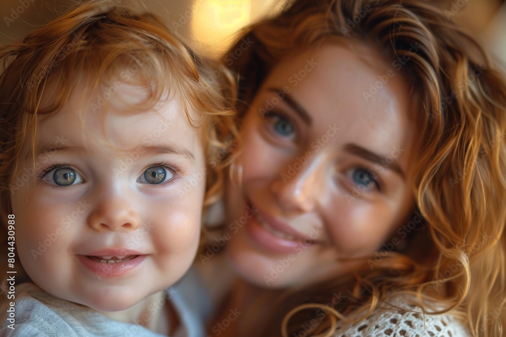 A close-up image capturing the shared blue eyes of a mother and her adorable toddler in a home setting A close-up image capturing the shared blue eyes of a mother and her adorable toddler in a home setting