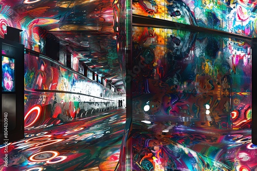 Capture the marriage of organic street art and sleek futuristic technologies from an elevated perspective Show vibrant murals blending with advanced machinery under unexpected came