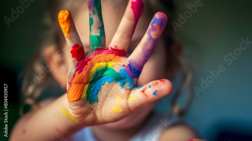 Childs hand covered with rainbow paint
