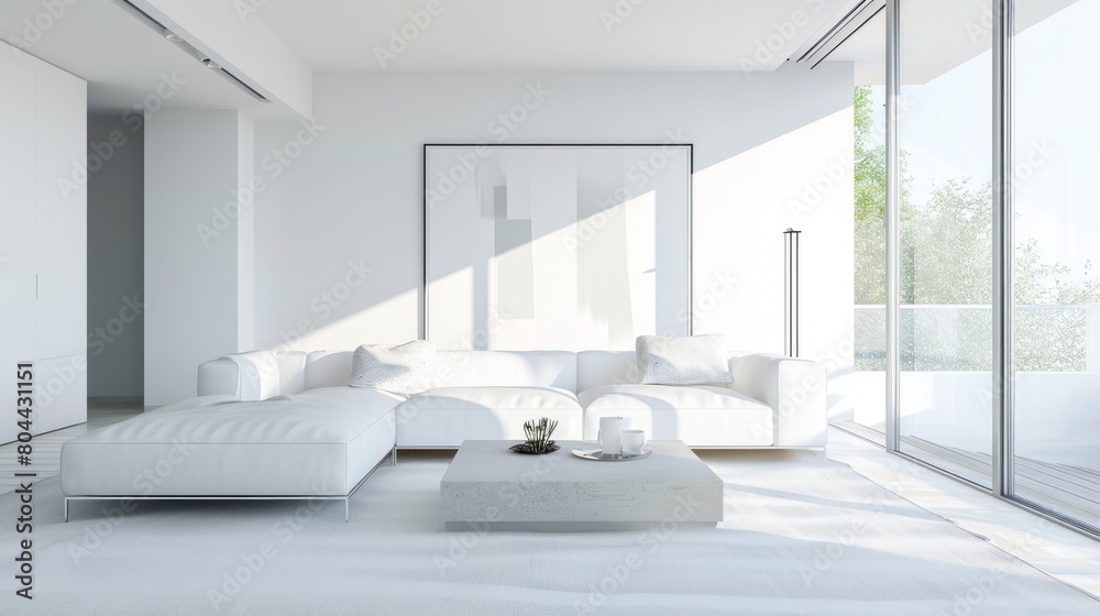 White minimalist living room interior with sofa on the floor. With white walls, sunlight comes in through the windows. 3D illustration