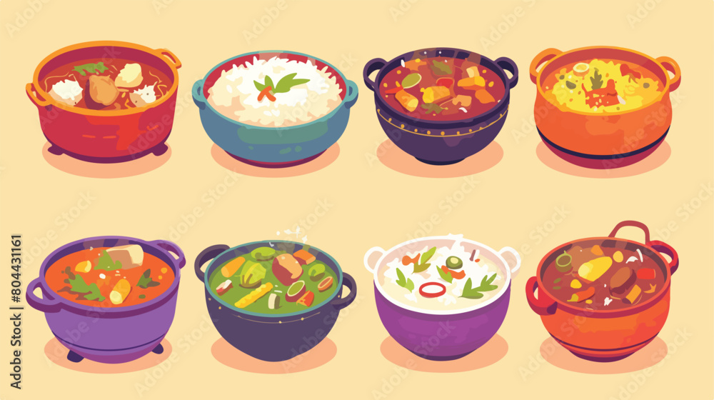 Pot of tasty rice soup on color background 2d flat