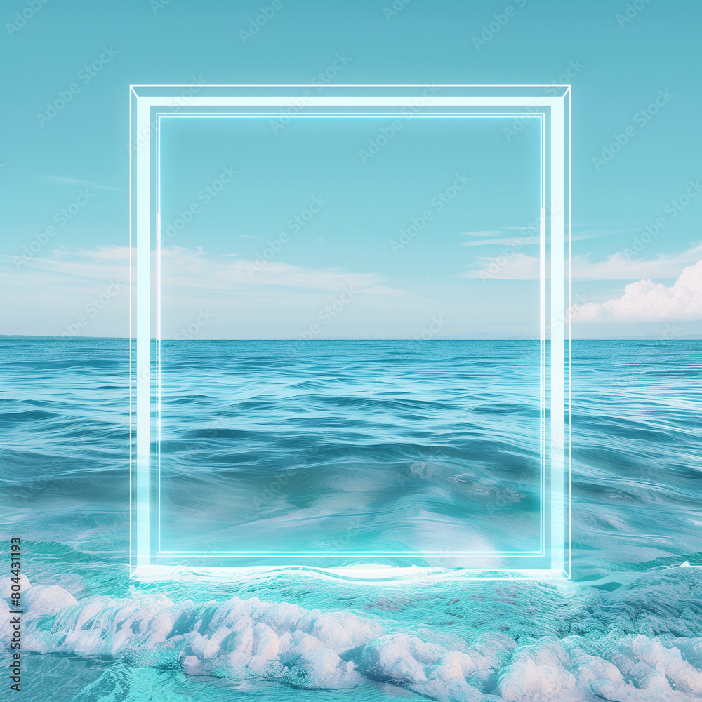 Summer seasonal background design with copy-space for text at center. Template for summer in abstract minimal style, smooth ocean wave with glowing frame at center in blue color tone.