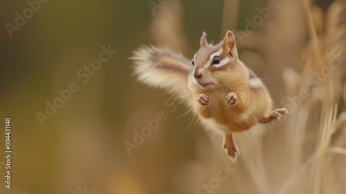 Chipmunk is caught in a jump  his fur coat is tousled by the wind  he flies through the air