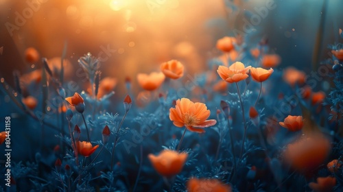 A field of orange flowers in a soft focus  blue light with depth of field creating a dreamy  cinematic style. Blurred background photography of a beautiful sunset in a hazy style