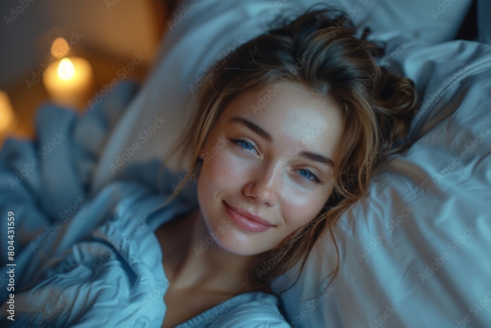 Attractive young woman with a serene smile relaxing in bed under soft light Attractive young woman with a serene smile relaxing in bed under soft light