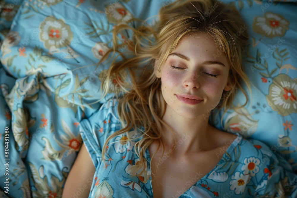 Tranquil image capturing a young woman with blond hair peacefully sleeping in cozy blue bedding Tranquil image capturing a young woman with blond hair peacefully sleeping in cozy blue bedding