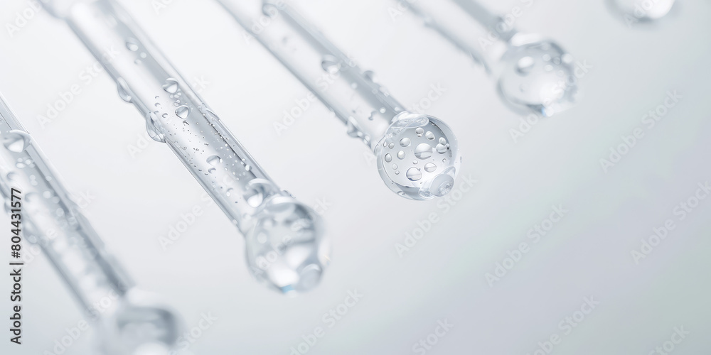 Close-up laboratory pipette with reagents, copy space. Simple white background of a drop of medical solution and a glass syringe. Close-up laboratory pipette with reagents, copy space. Simple white background of a drop of medical solution and a glass syringe.