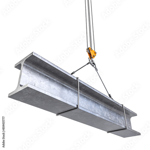 Fototapeta Naklejka Na Ścianę i Meble -  Industrial steel beam hoisted by crane cable