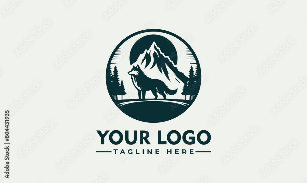 vector logo wolf standing in front of a towering mountain vector logo illustration