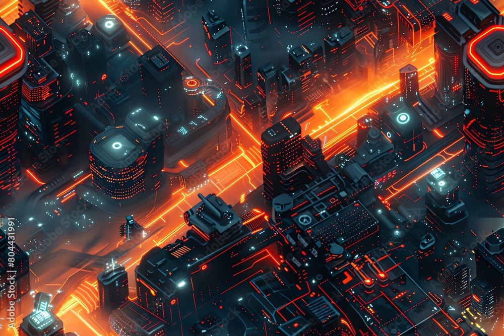 Employ high-angle views to unveil the interplay between futuristic technologies and minimalist designs Play with lighting contrasts to create a dramatic yet sophisticated image in 