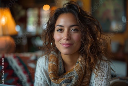 Attractive young woman with curly hair and a gentle smile wearing a scarf in a homely indoor environment