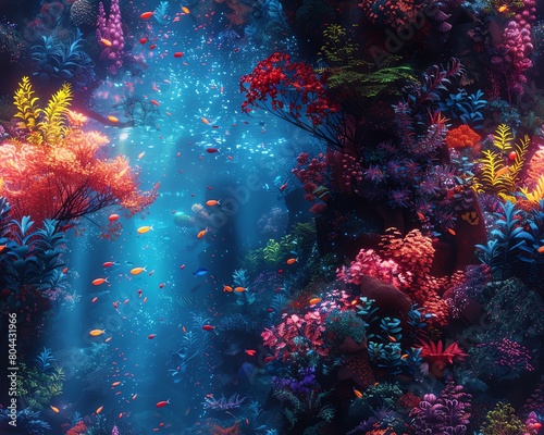 Dive into an underwater world teeming with bioluminescent flora and fauna