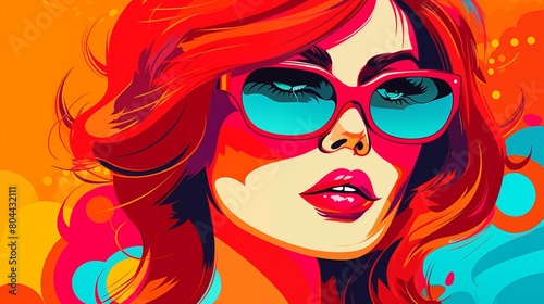 Vibrant Pop Art Style Illustration of a Fashionable Woman with Sunglasses.