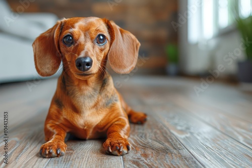 High-quality photo of a brown dachshund with an alert expression, indoors with a blurred background